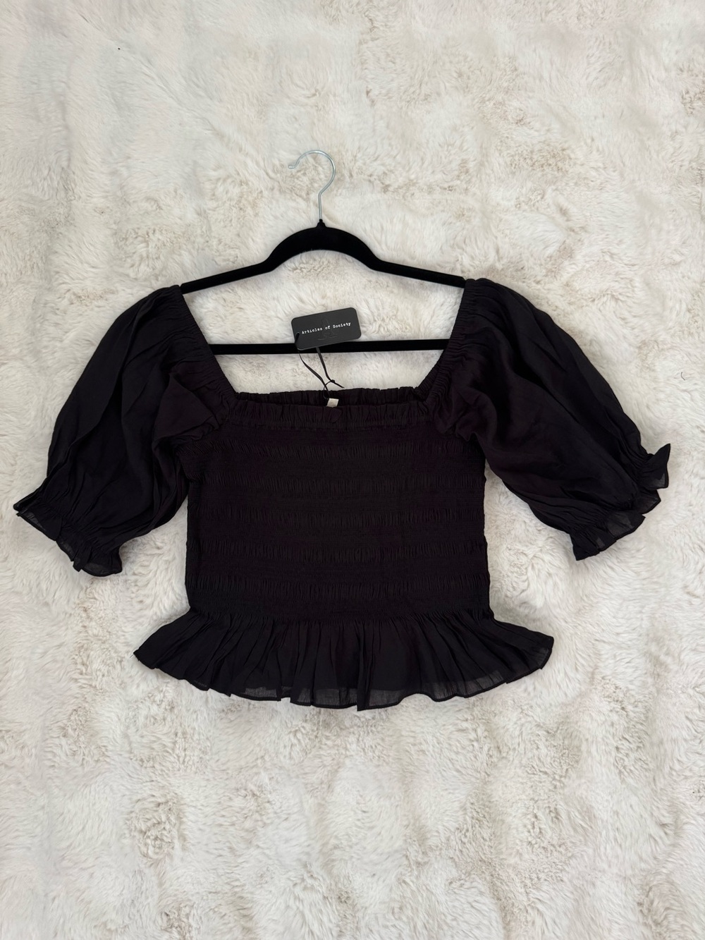 Zara Black Smocked Square-Neck Puff Sleeve Peplum Top